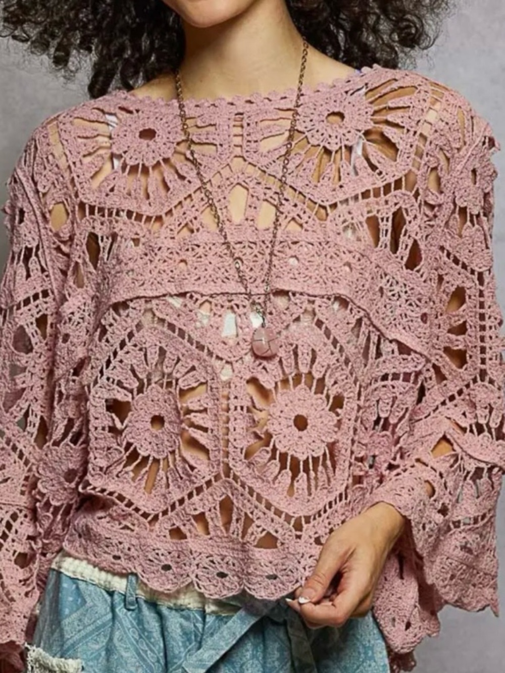 POL Bohemian Crochet Openwork Bracelet Bell‎ Sleeve Short Top Rose Pink One Size - Picture 10 of 11